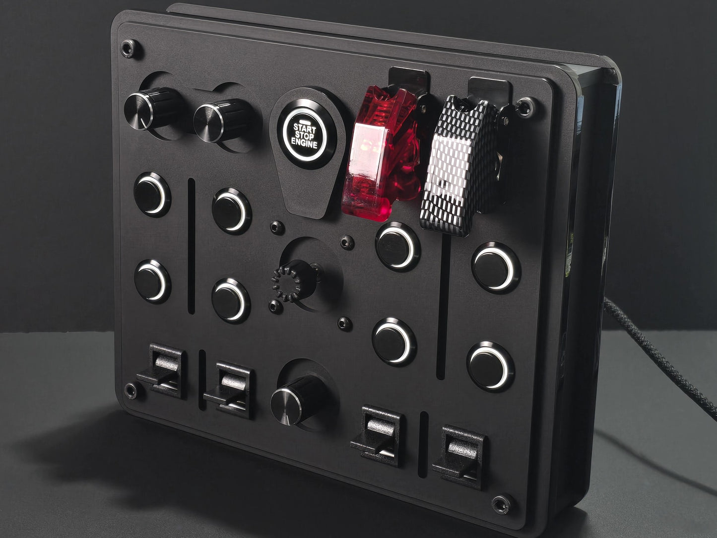 ReaperWare 32-Elite premium USB sim racing button box with 32 customizable tactile controls, rotary encoders, and a built-in internal hub system.