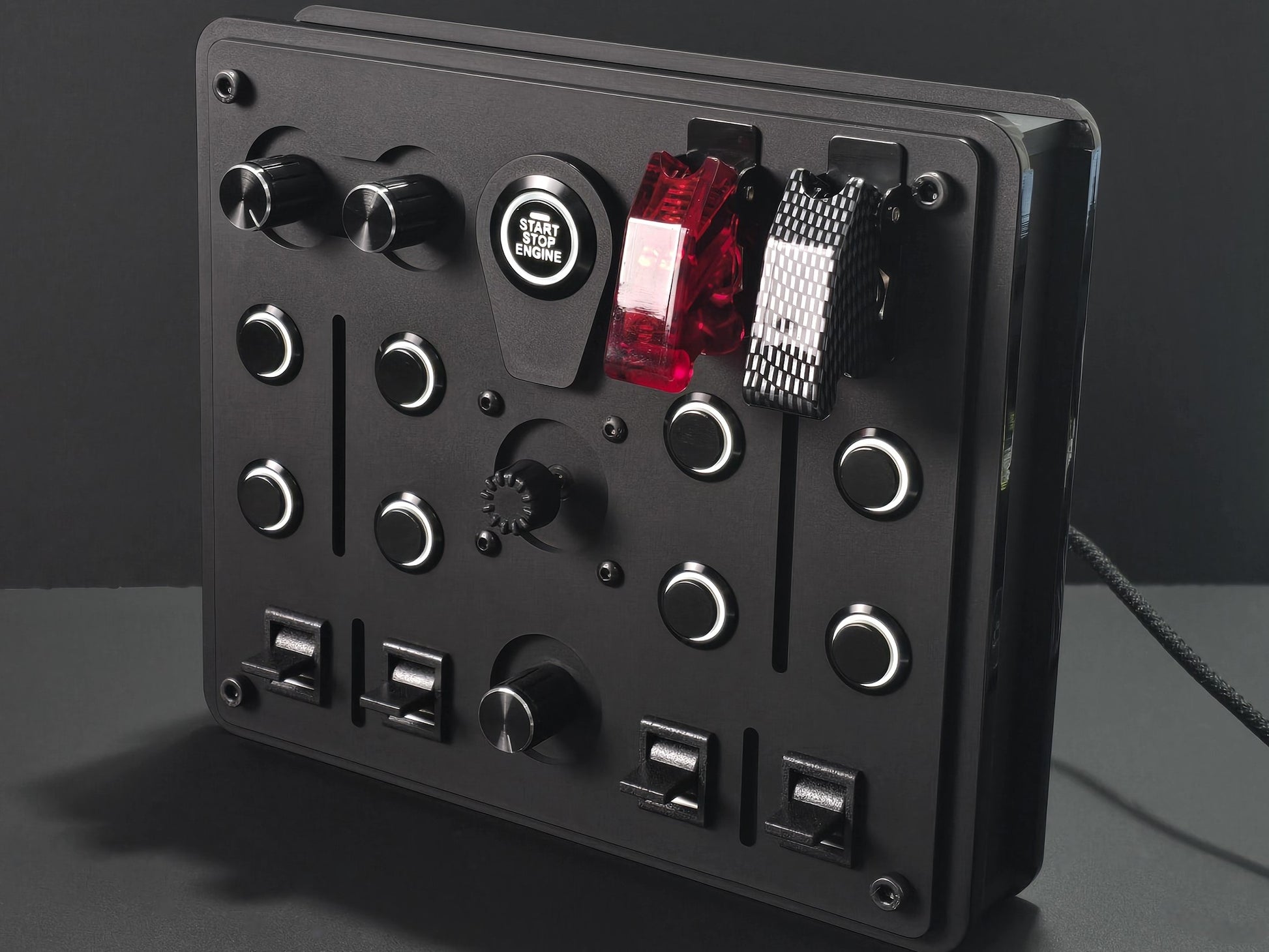 ReaperWare 32-Elite premium USB sim racing button box with 32 customizable tactile controls, rotary encoders, and a built-in internal hub system.