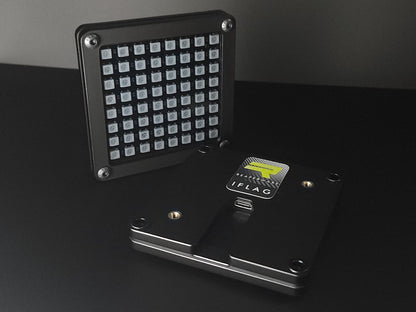 ReaperWare iFlag 8x8 RGB LED matrix gear and flag indicator display panel for SimHub telemetry tracking mounted on a PC racing simulator chassis.