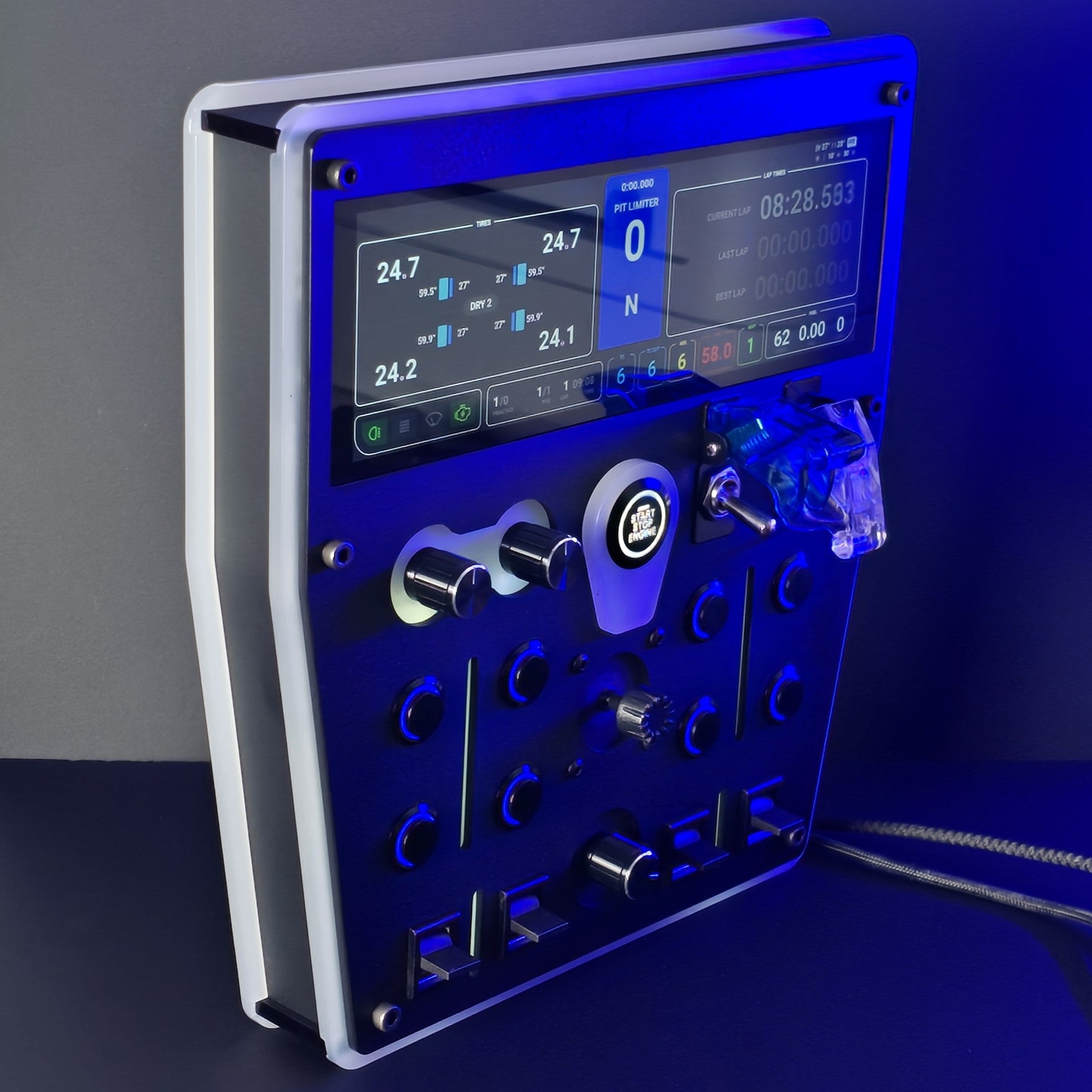 Tactile metal push buttons, heavy duty toggle switches, and rotary encoders on a sim button box.