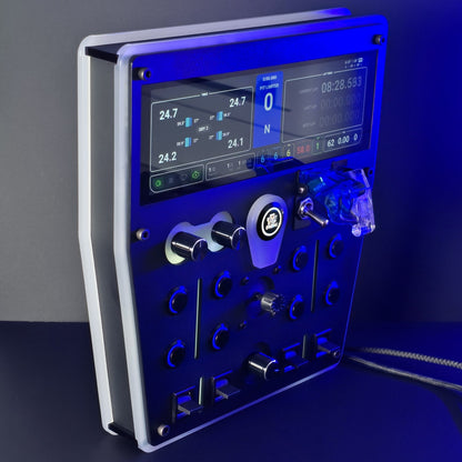 Tactile metal push buttons, heavy duty toggle switches, and rotary encoders on a sim button box.