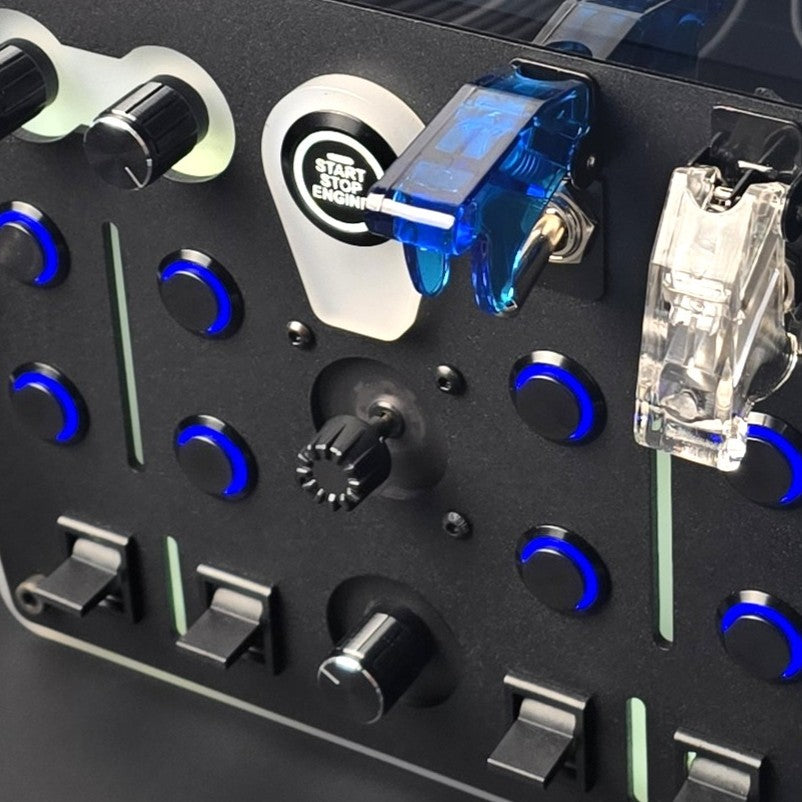 Tactile metal buttons on a sim racing button box